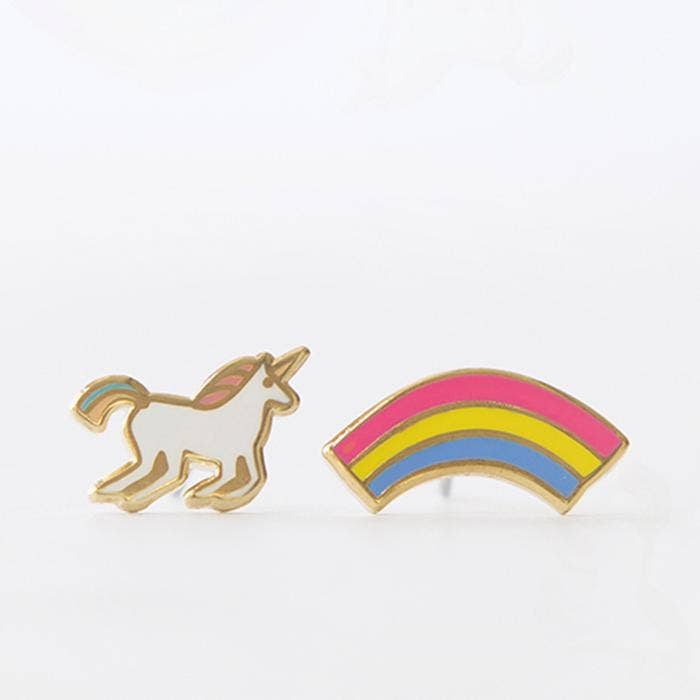 Unicorn and Rainbow Earrings - Gold Statement Studs