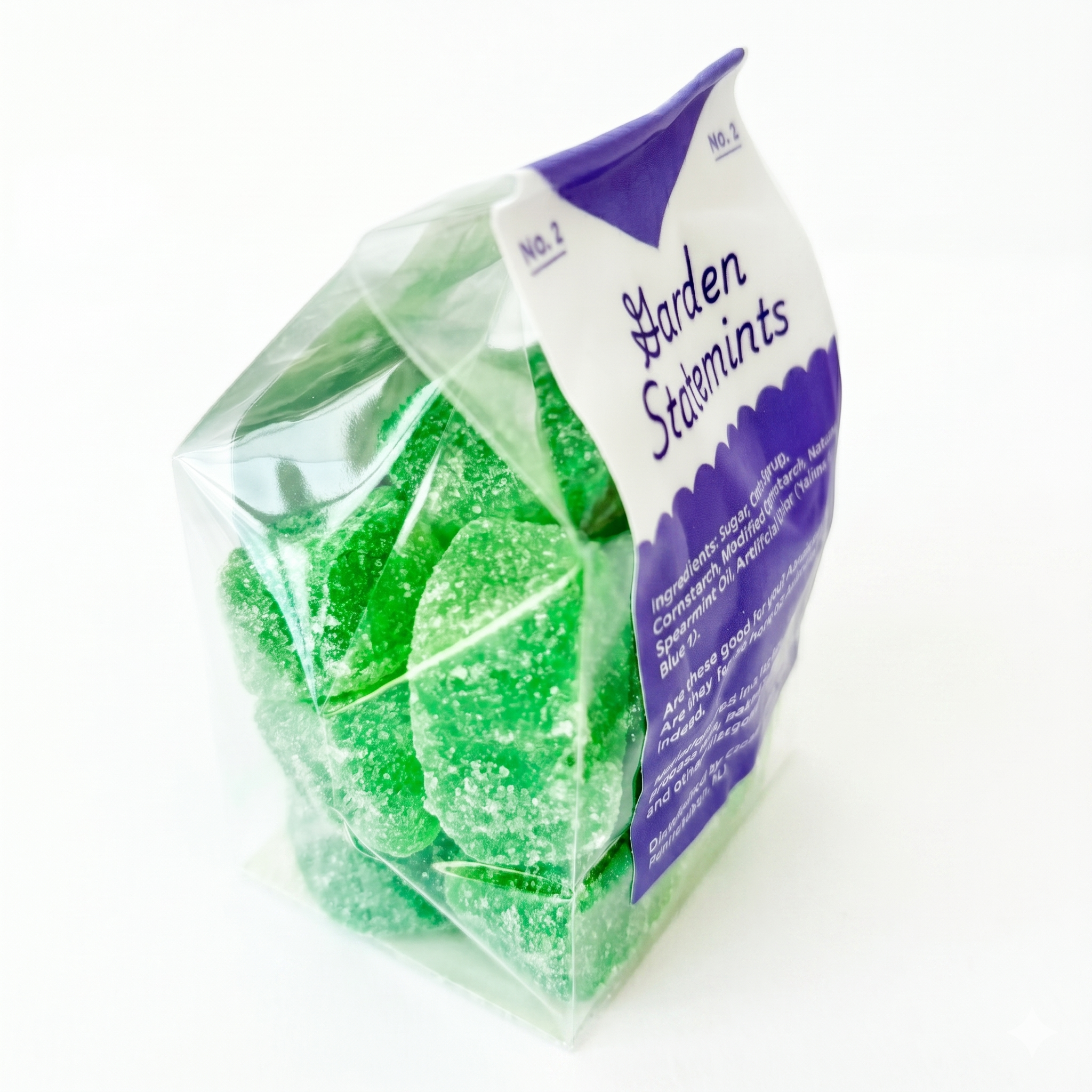 Garden Statemints spearmint gummy candy bag side view, South Jersey Special