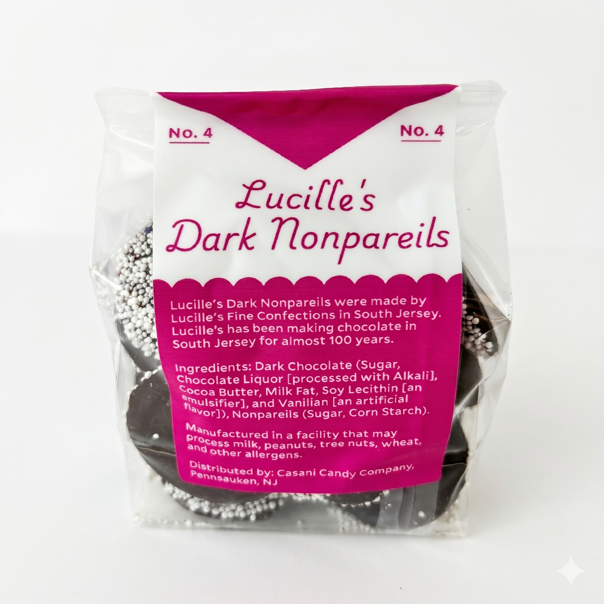 Lucille's Dark Nonpareils ingredients and candy description label