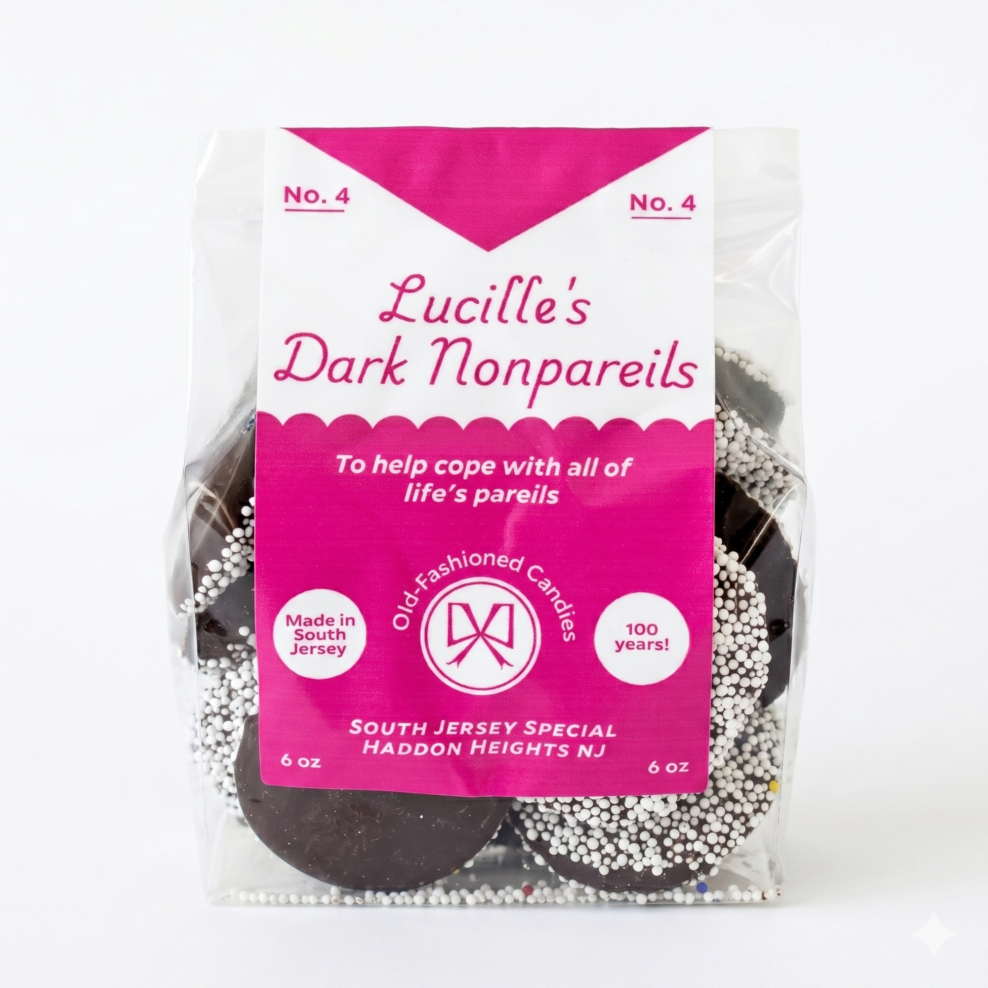 Lucille's Dark Nonpareils dark chocolate candy bag, South Jersey Special Haddon Heights NJ
