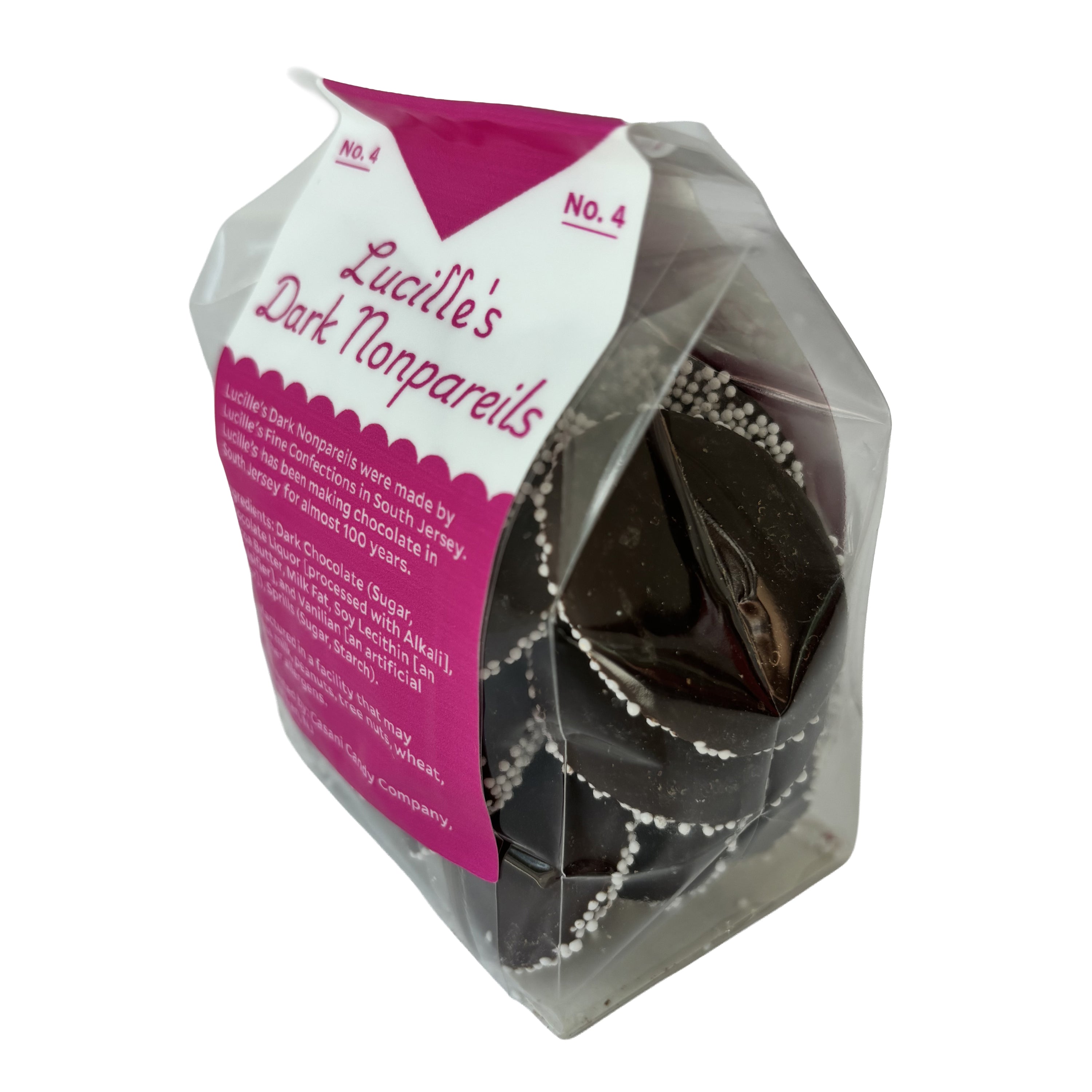 Lucille's Dark Nonpareils dark chocolate candy bag side view, South Jersey Special