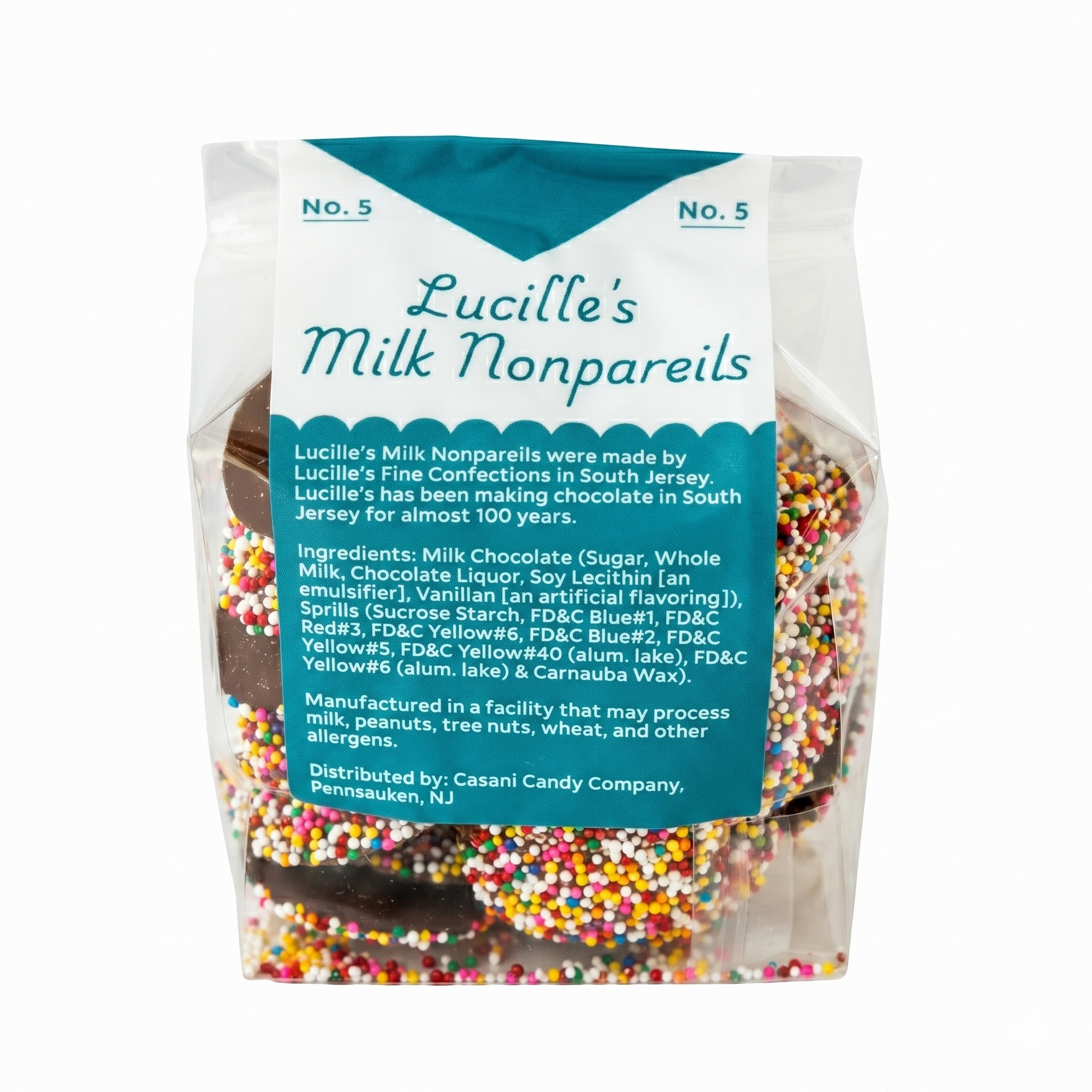 Lucille's Milk Nonpareils ingredients and candy description label