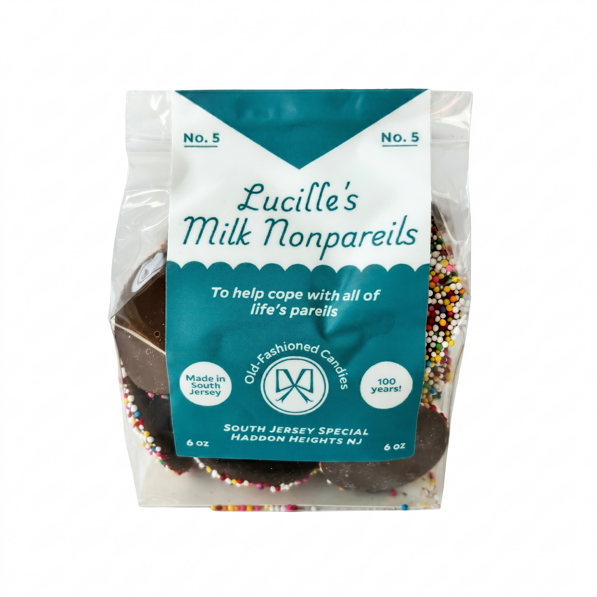 Lucille's Milk Nonpareils milk chocolate candy bag, South Jersey Special Haddon Heights NJ