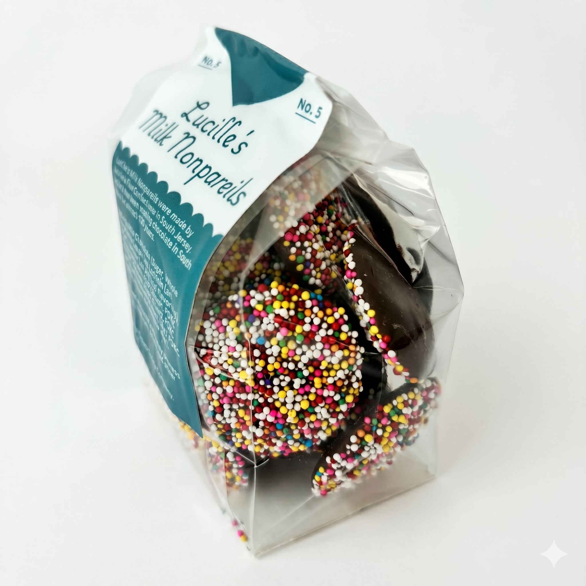 Lucille's Milk Nonpareils milk chocolate candy bag side view, South Jersey Special