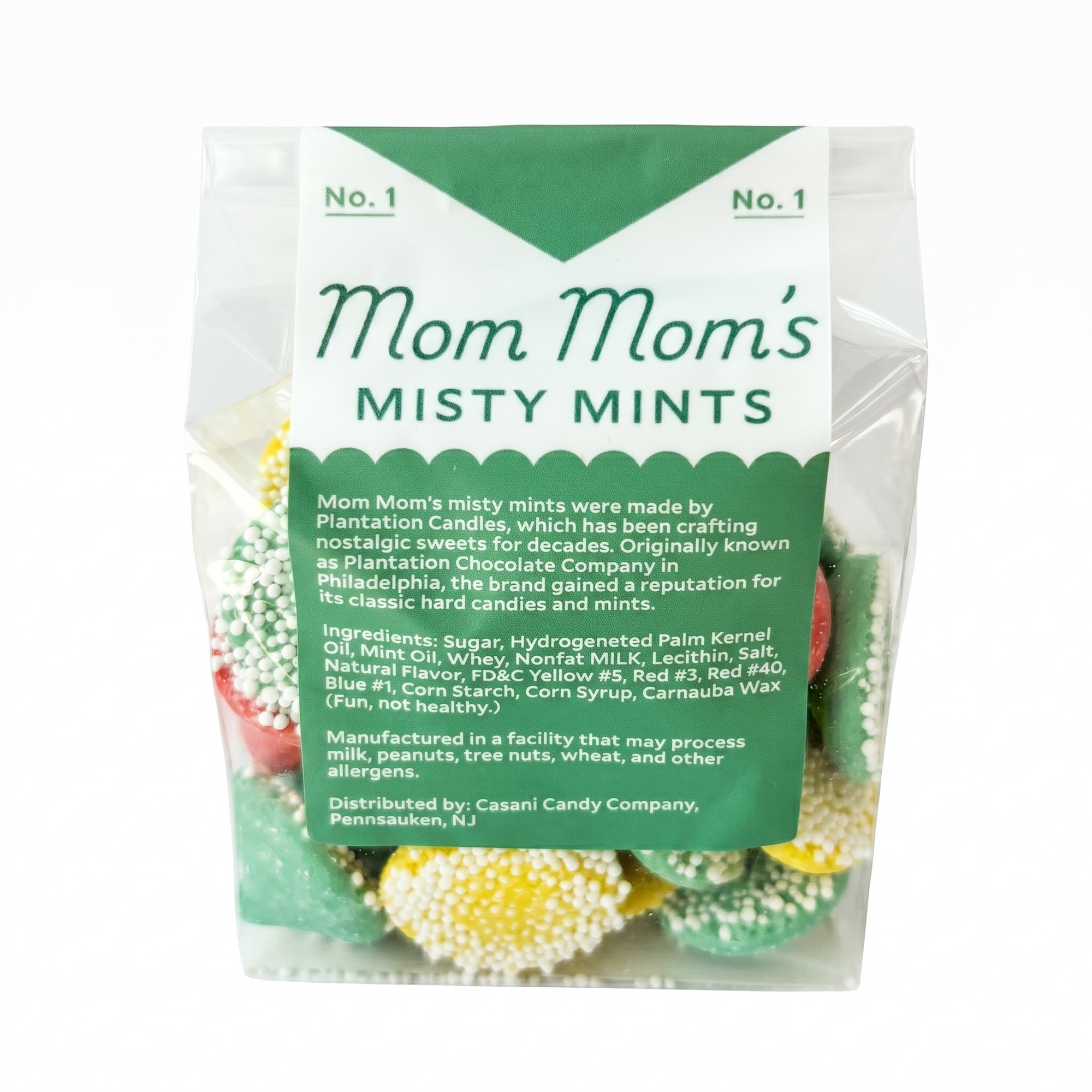 Mom Mom's Misty Mints ingredients and candy description label