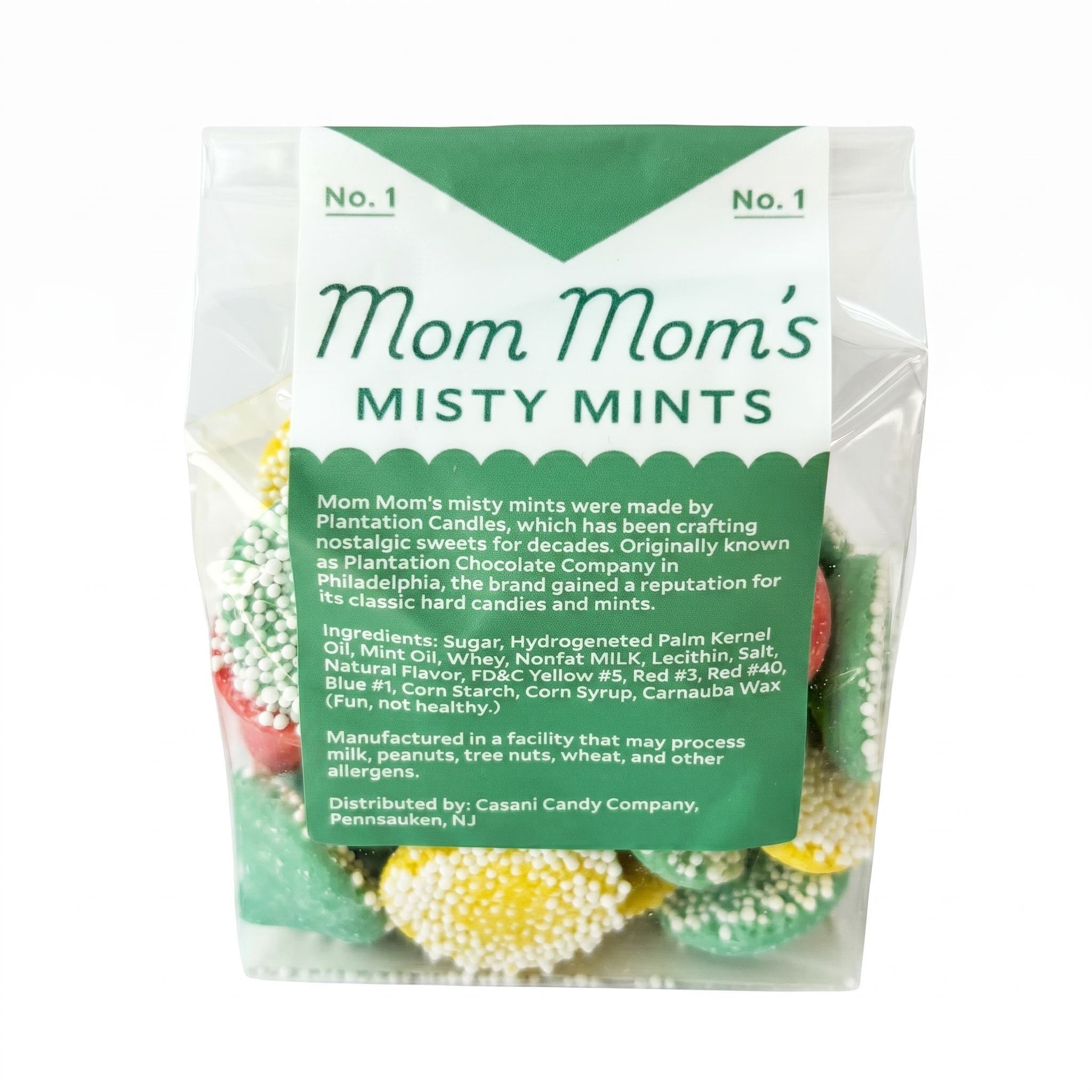 Mom Mom's Misty Mints ingredients and candy description label