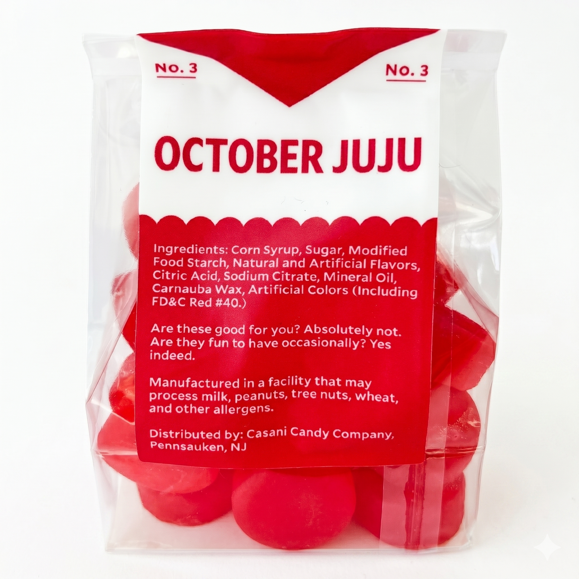 October Juju ingredients and candy description label